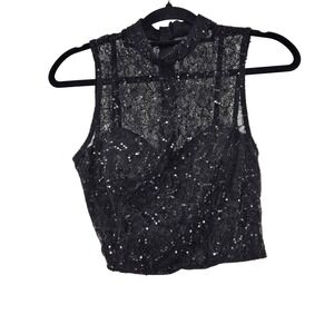 Black Lace Sequin Crop Top Size‎ 7 Fairy Glam Hollywood Showgirl NYE Nightout